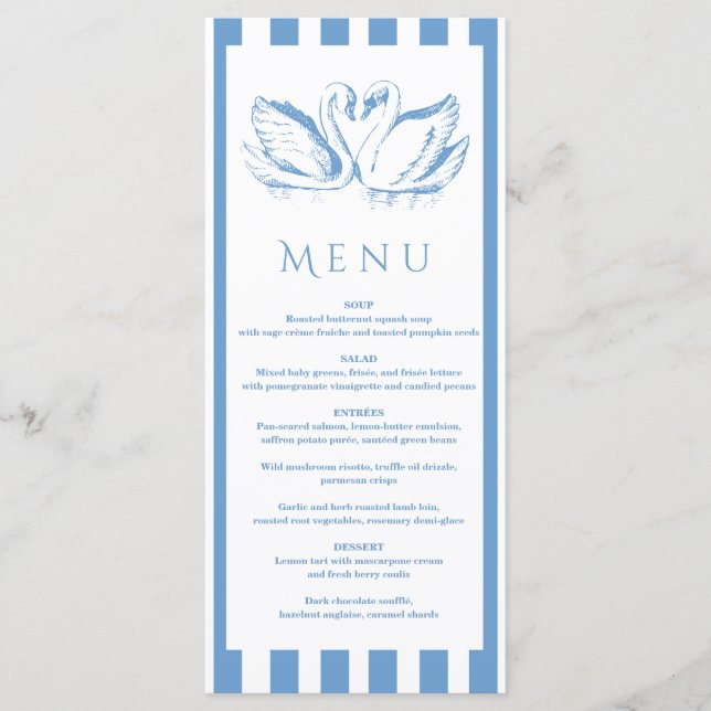 hand drawn Blue Couple Swan Whimsical Wedding Menu (Front)