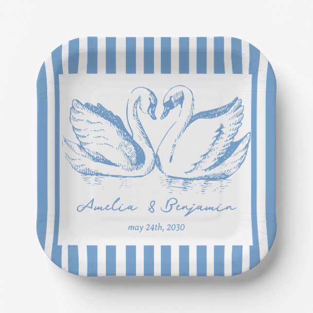 hand drawn Blue Couple Swan Whimsical Wedding Paper Plate (Front)