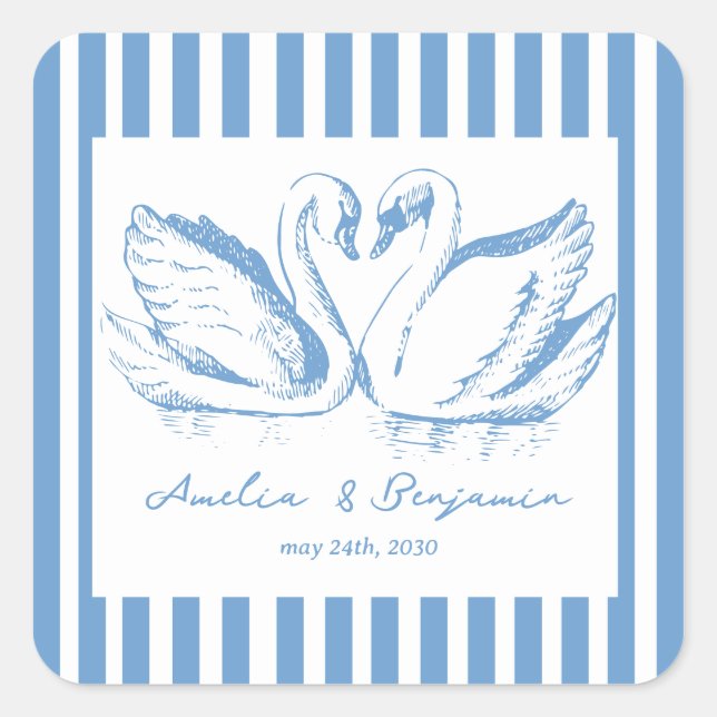 hand drawn Blue Couple Swan Whimsical Wedding Square Sticker (Front)