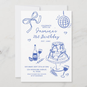 Hand-Drawn Blue Disco Ball & Cake Trendy Birthday Invitation