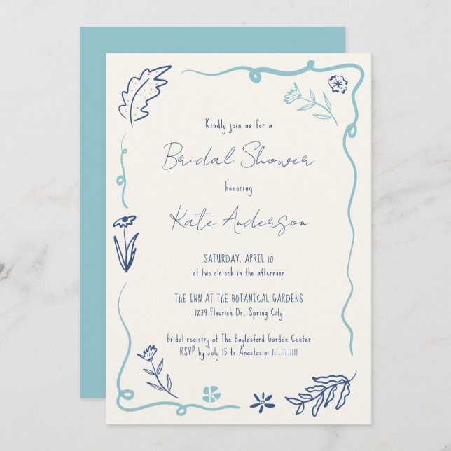 Hand Drawn Blue Floral Wavy Frame Bridal Shower Invitation (Front/Back)