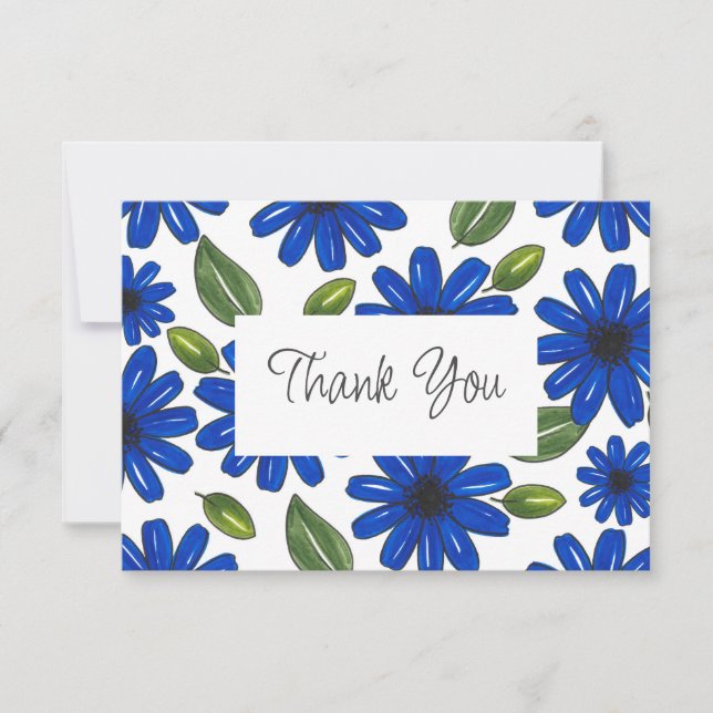 Hand Drawn Blue Flower Pattern  Thank You Card (Front)