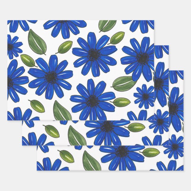 Hand Drawn Blue Flower Pattern Wrapping Paper Sheet (Set)