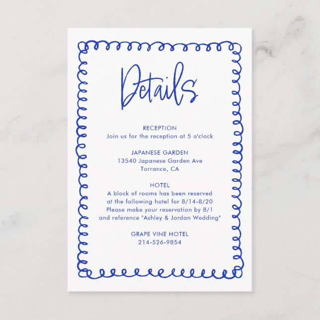 Hand Drawn Blue French Retro Wedding Details Enclosure Card (Front)