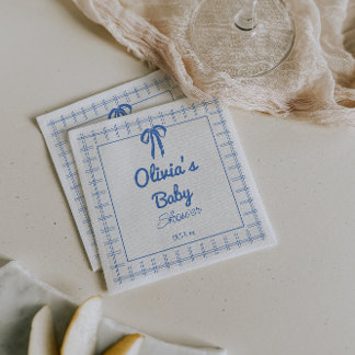Hand Drawn Blue Gingham Bow Baby Boy Shower Napkin