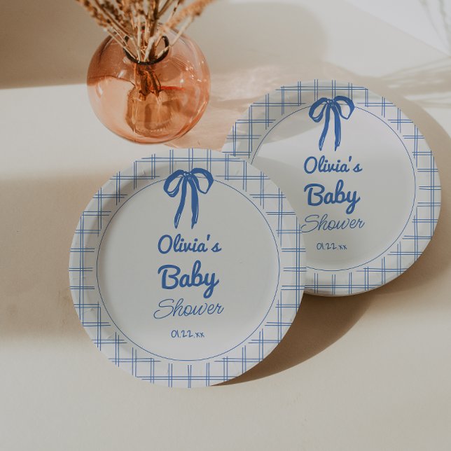 Hand Drawn Blue Gingham Bow Baby Shower Paper Plate (Creator Uploaded)