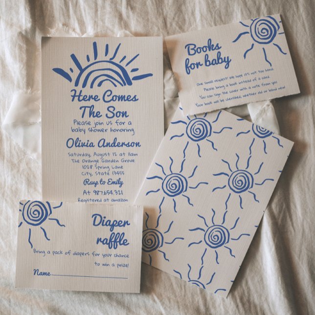 Hand Drawn Blue Here Comes The Son Sun Baby Shower Invitation (Creator Uploaded)