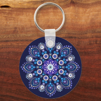 Hand Drawn Blue Jewel Dot Mandala Key Ring