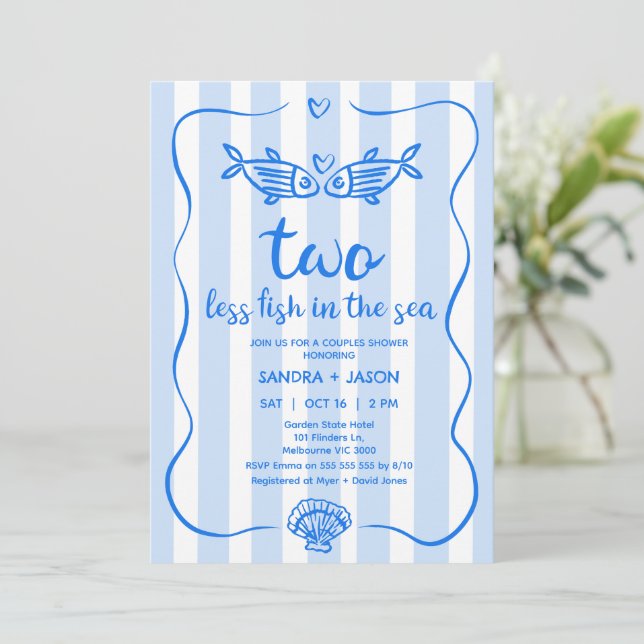 Hand Drawn Blue Less Fish Couples Bridal Shower Invitation (Standing Front)