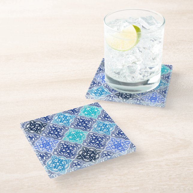 Hand Drawn Blue Moroccan Tile Pattern Glass Coaster (Angled)