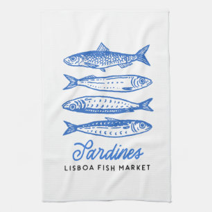 Hand Drawn Blue Sardines  Tea Towel