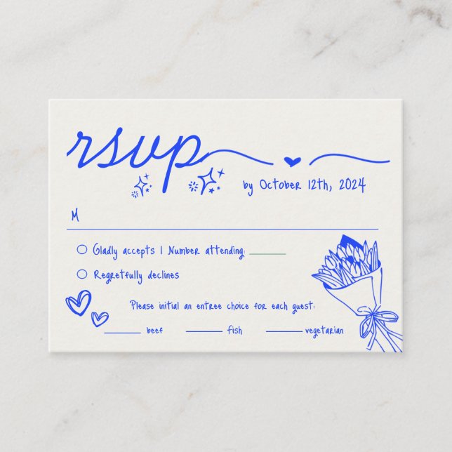 Hand Drawn Blue Scribble Quirky RSVP Wedding  Enclosure Card (Front)