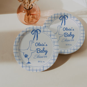 Hand Drawn Blue Silly Goose Ribbon Baby Shower Paper Plate