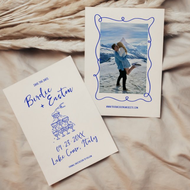 Hand Drawn Blue Squiggle Champagne Tower Wedding Save The Date (Creator Uploaded)