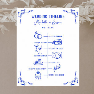 Hand Drawn Blue Wedding Itinerary Schedule Welcome Poster