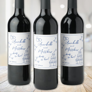 Hand Drawn Blue Wedding Wine Label