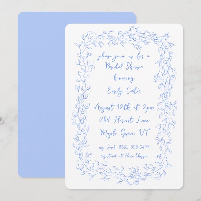 Hand Drawn Blue Whimsical Botanical Frame  Invitation (Front/Back)