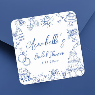 Hand Drawn Blue Whimsical Bridal Shower Square Sticker