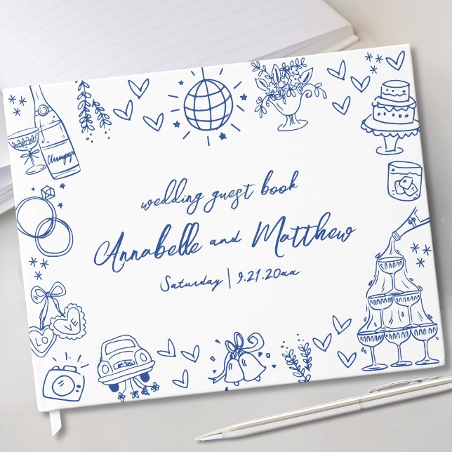 Hand Drawn Blue Whimsical Wedding Guest Book (Hand Drawn Blue Whimsical Wedding Guest Book)