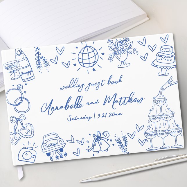 Hand Drawn Blue Whimsical Wedding Guest Book (Hand Drawn Blue Whimsical Wedding Guest Book)
