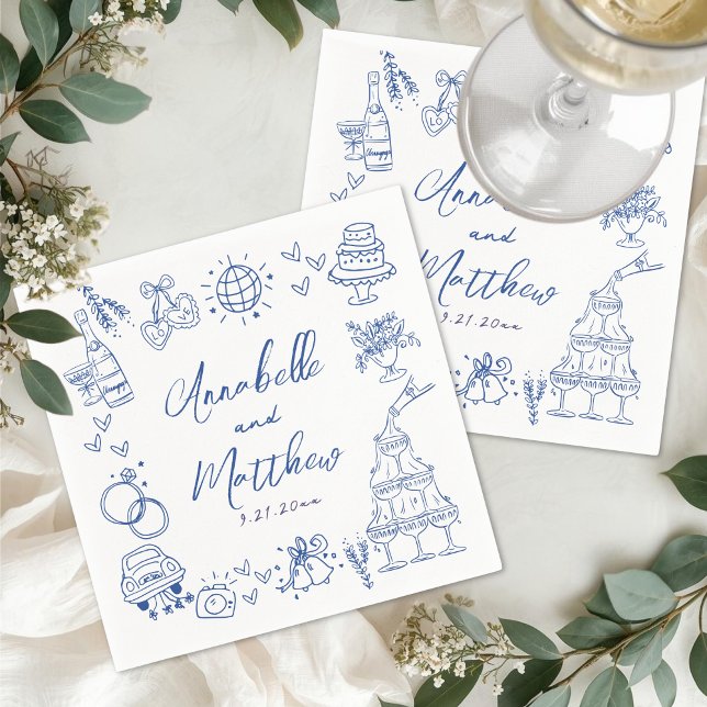 Hand Drawn Blue Whimsical Wedding Napkin (Hand Drawn Blue Whimsical Wedding Napkins)
