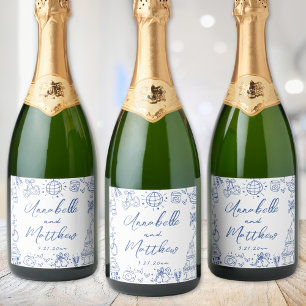 Hand Drawn Blue Whimsical Wedding Sparkling Wine Label