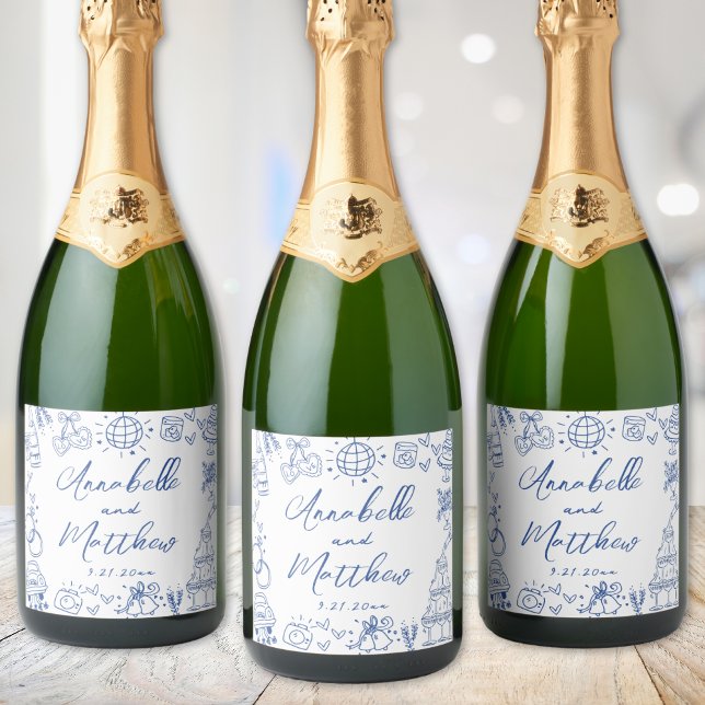 Hand Drawn Blue Whimsical Wedding Sparkling Wine Label (Hand Drawn Blue Whimsical Wedding Sparkling Wine Label)