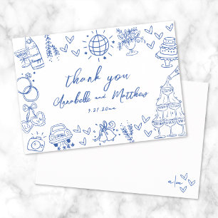 Hand Drawn Blue Whimsical Wedding Thank You Card
