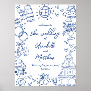 Hand Drawn Blue Whimsical Wedding Welcome Sign