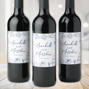 Hand Drawn Blue Whimsical Wedding Wine Label