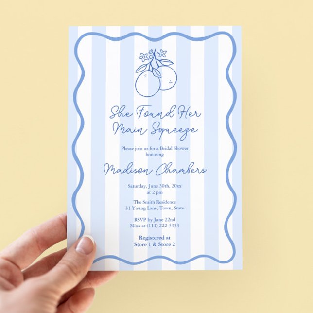 Hand Drawn Blue White Mediterranean Bridal Shower Invitation (Italian bridal shower invitation with wavy squiggle border & hand drawn oranges citrus illustration)