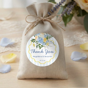 Hand Drawn Blue Yellow Floral Stripe Wedding Classic Round Sticker