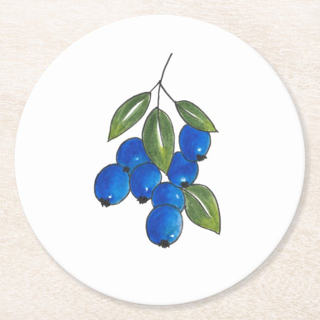 Hand Drawn Blueberries Round Paper Coaster (Front)