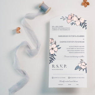 Hand Drawn Blush & Navy Flowers Wedding All In One Invitation