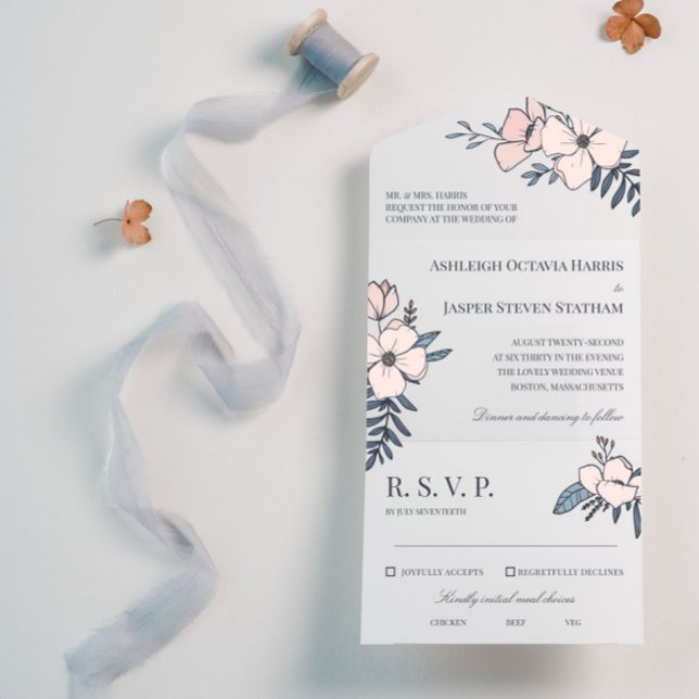 Hand Drawn Blush & Navy Flowers Wedding All In One Invitation (Creator Uploaded)