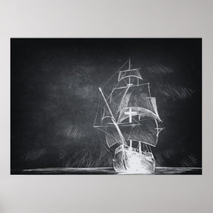 Hand drawn boat black and white poster