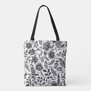 Hand-drawn boho floral motifs with paisley tote bag