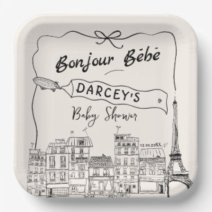   Hand Drawn Bonjour Bebe French Baby Shower Paper Plate