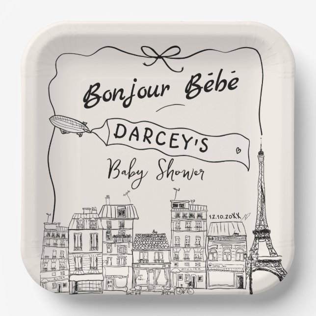   Hand Drawn Bonjour Bebe French Baby Shower Paper Plate (Front)