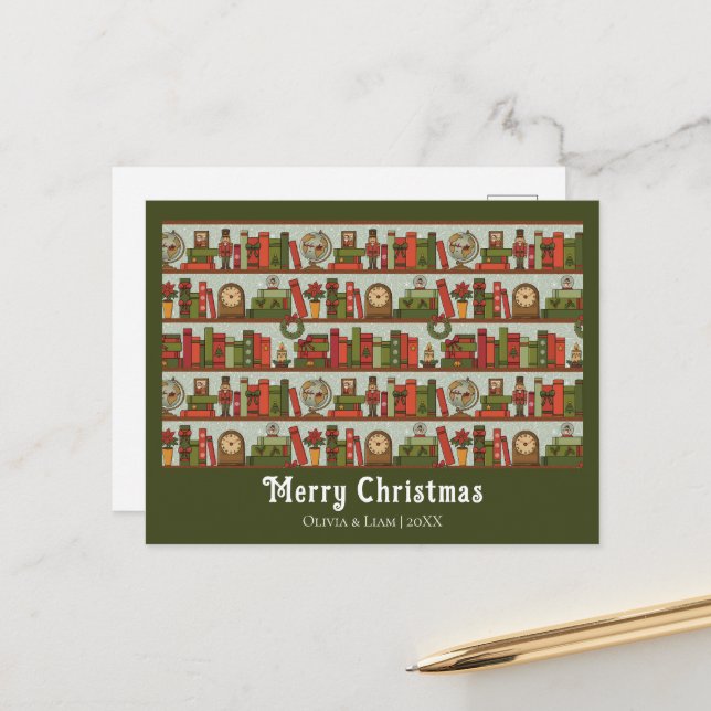 Hand Drawn Bookshelf Print Custom Holiday Postcard (Front/Back In Situ)