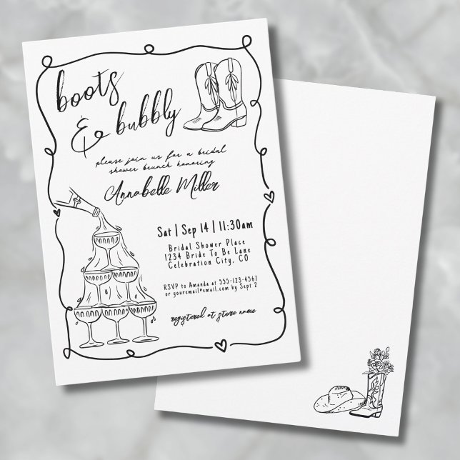 Hand Drawn Boots And Bubbly Bridal Shower Invitation (Hand Drawn Boots And Bubbly Bridal Shower Invitation)