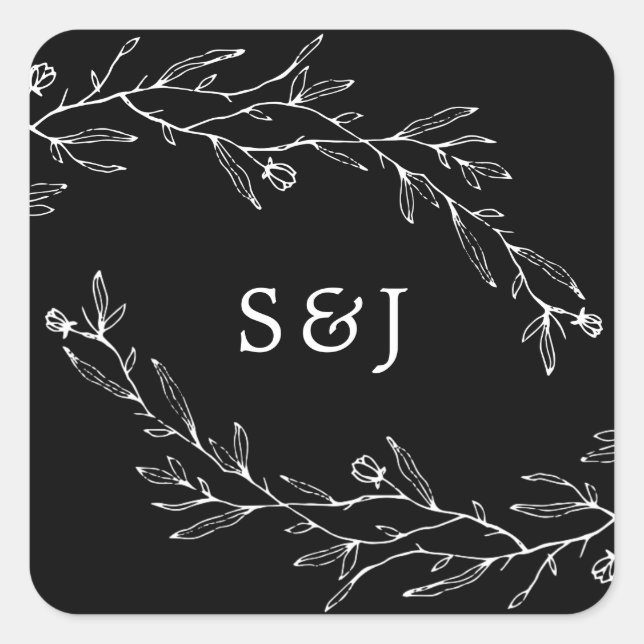 Hand-Drawn Botanical Black and White Square Sticker (Front)