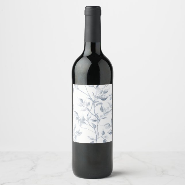 Hand-Drawn Botanical Leaves on Soft Blue Wine Label (Front)