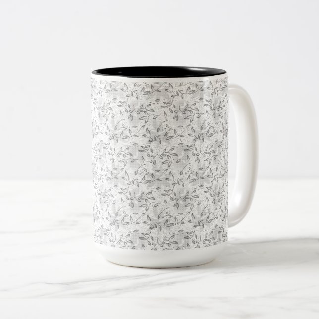Hand-Drawn Botanical Pattern in Black and White Two-Tone Coffee Mug (Front Right)