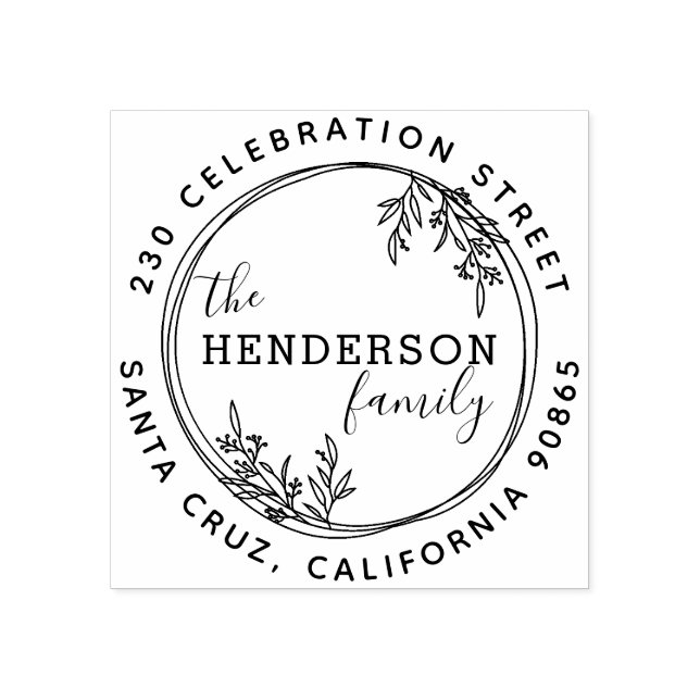 Hand Drawn Botanical Wreath Round Return Address Rubber Stamp (Imprint)
