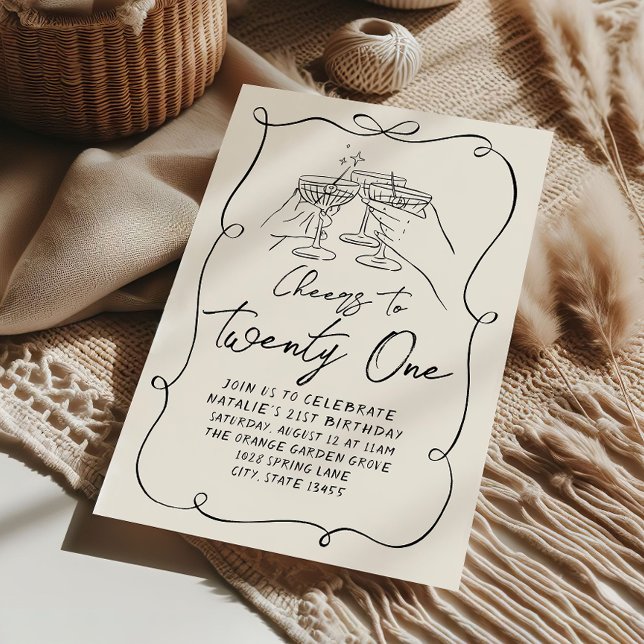 Hand Drawn Bow 21st Coquette Fun Birthday Party Invitation (Creator Uploaded)