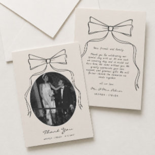 Hand Drawn Bow Black White Old Money Wedding Photo Thank You Card
