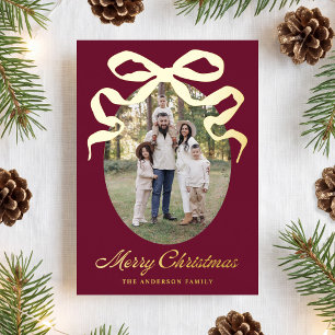 Hand-Drawn Bow Burgundy Merry Christmas 5 Photo Foil Holiday Card