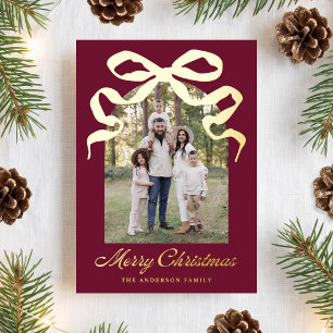 Hand-Drawn Bow Burgundy Merry Christmas Arch Photo Foil Holiday Card