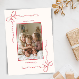 Hand Drawn Bow Christmas Family Photo Joy Red  Holiday Card